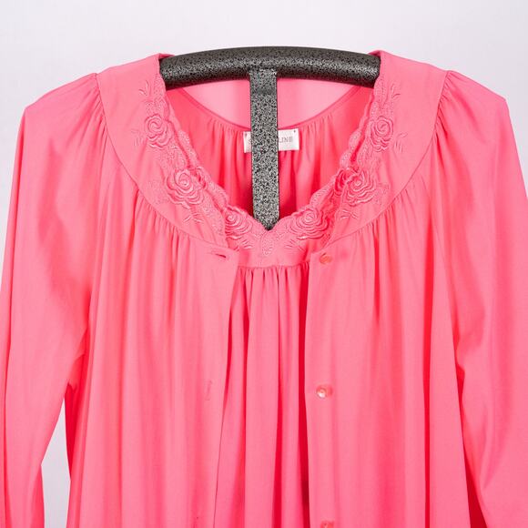 Vintage Shadowline Robe LARGE & Gown 1X Set Pink Rose Flower Embroidery USA MADE - Picture 3 of 9